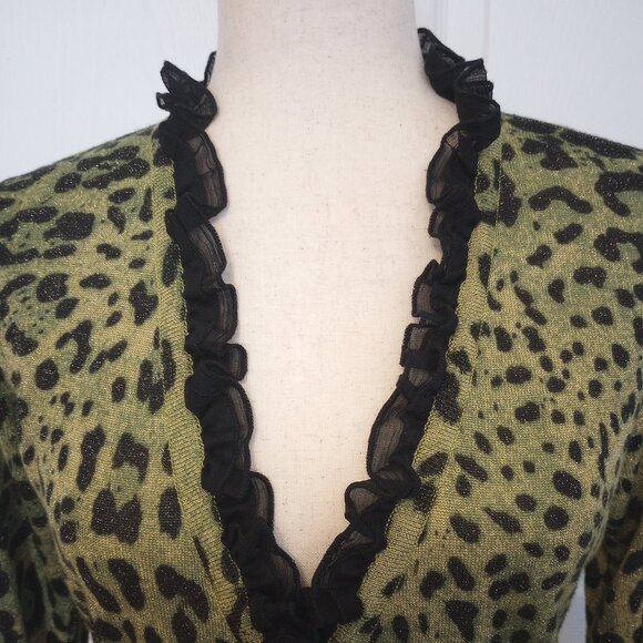 Awesome Green Black Animal Print Lurex Cardigan sz M Chiffon Ruffle Front - Picture 2 of 9